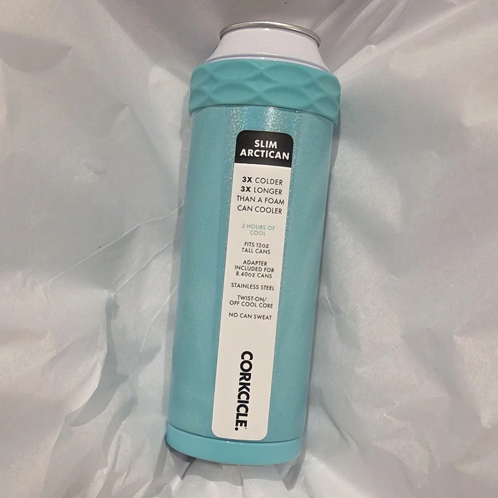 Corkcicle Slim Arctican Turquoise Blue Stainless Steel Can Cozy with Adapter NWT